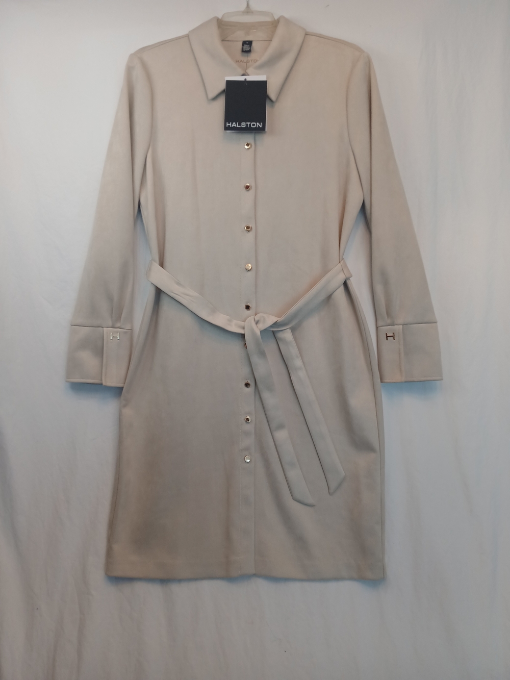 Cream & Gold Suede Long Sleeve Button Front Belted Shirt Dress 12 New! Halston